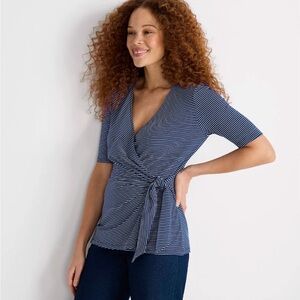 Lands' End Women's 2X Navy Striped Elbow Sleeve Side Tie Wrap Top